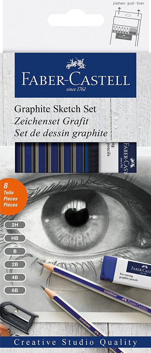 Faber Castell - Set grafito Creative Studio con 6 lápices Goldfaber, 2H, HB, B, 2B, 4B, 6B + afilalápices y goma.