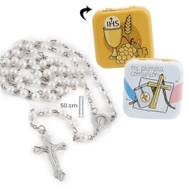 ROSARIO PERLA BLANCA EN LATA PRIMERA COMUNION.