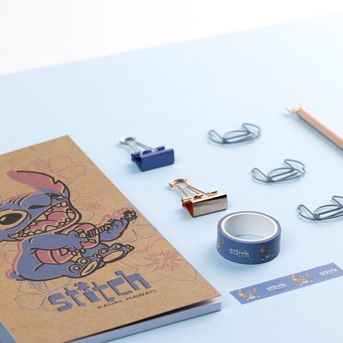 SET PAPELERIA STITCH CUADERNO A5 + CLIPS + PEN + WASHI TAPE.