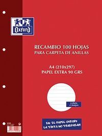 RECAMBIO FOLIO 4 TALADROS. 1 LÍNEA CON MARGEN. 90GRS. OXFORD.