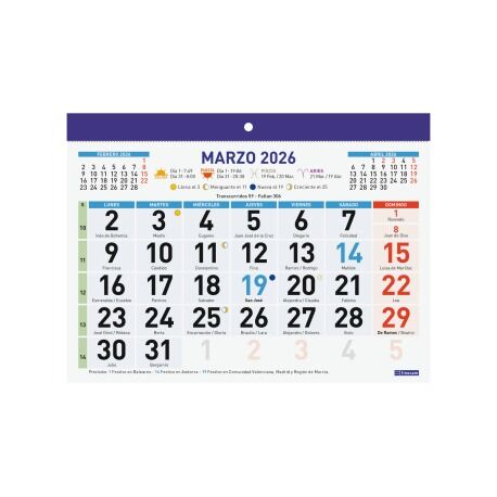 CALENDARIO 2026 TIPO FALDILLA 21 x 15 cm Números GRANDES. FINOCAM.