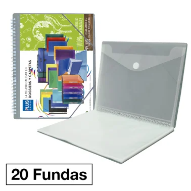 CARPETA DE FUNDAS. 20 FUNDAS. ESPIRAL. GRIS. PLUS OFFICE.